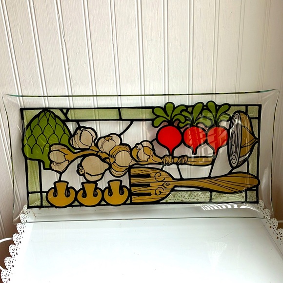 Retro/MCM Style Glass Serving Tray Vegetable Design - Picture 9 of 10